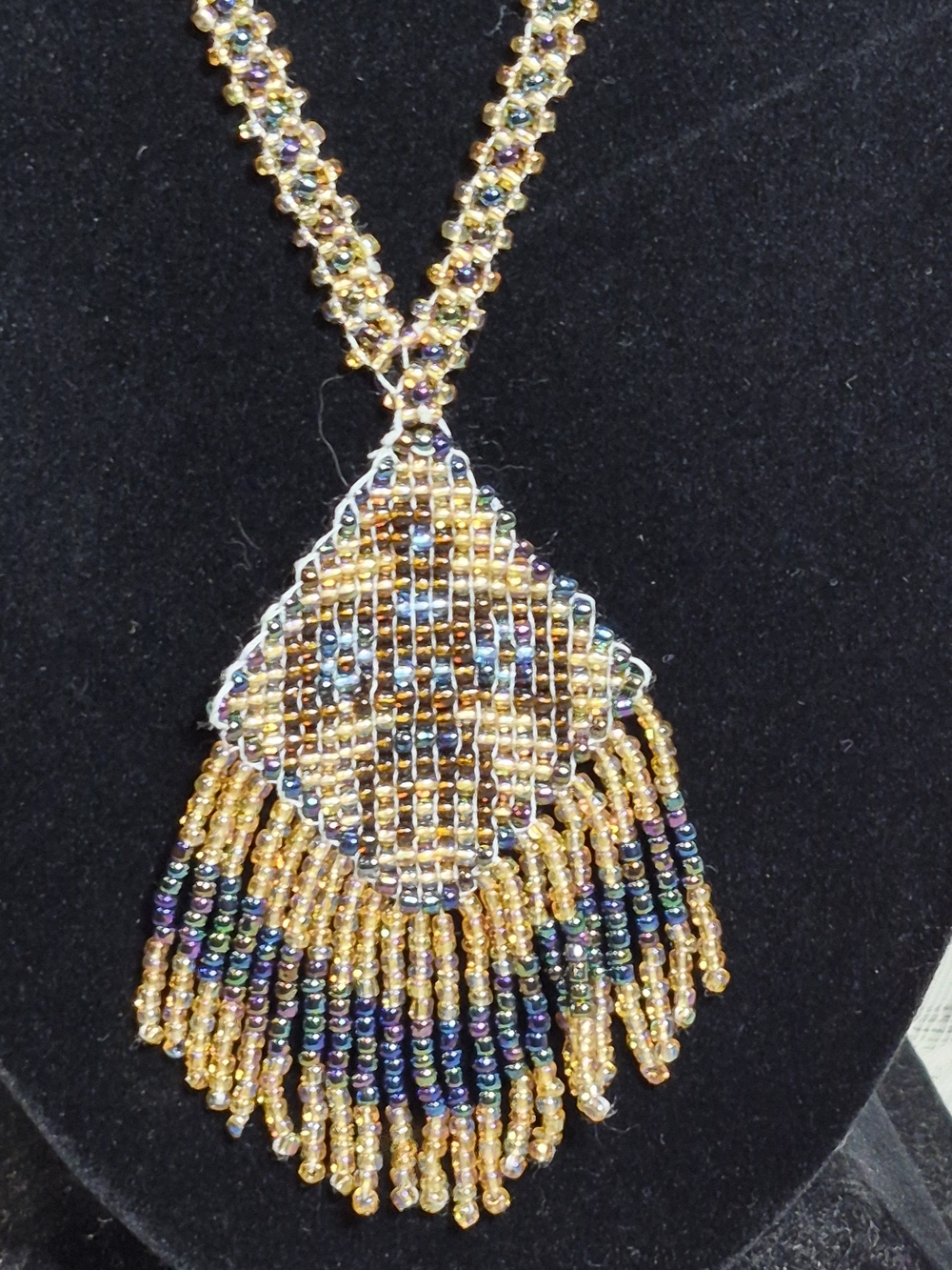 Handmade Iridescent Seed Bead Woven Fringe Shield Statement Necklace